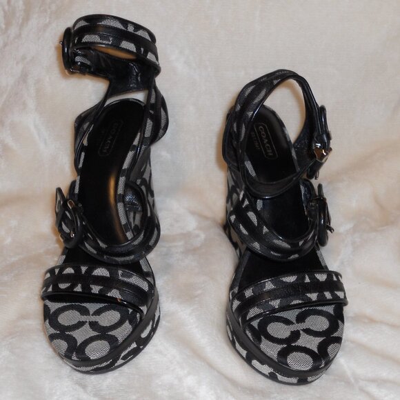 Coach Signature C's 7 1/2 B Maralee Black Platform Wedge Sandals - Picture 2 of 10